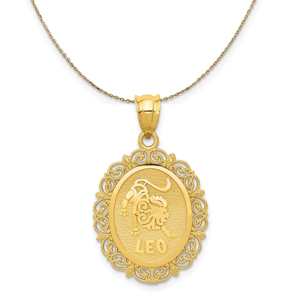 14k Yellow Gold Filigree Leo the Lion Zodiac Necklace Black Bow