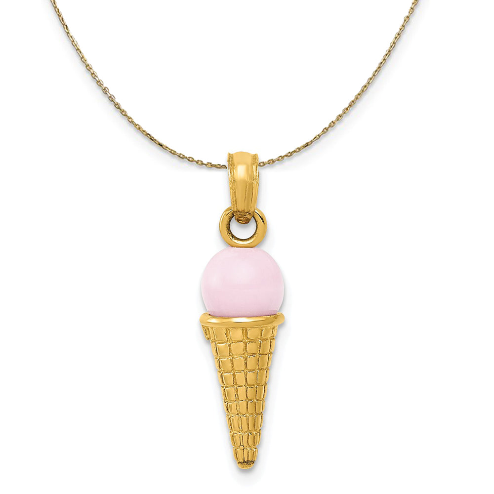 14k Yellow Gold Pink Ice Cream Cone Necklace, Item N20418 by The Black Bow Jewelry Co.