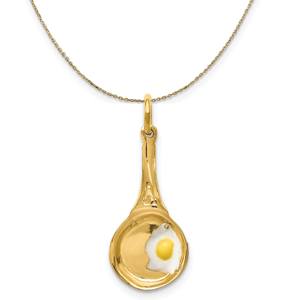 14k Yellow Gold Frying Pan with Enameled Egg Necklace, Item N20435 by The Black Bow Jewelry Co.