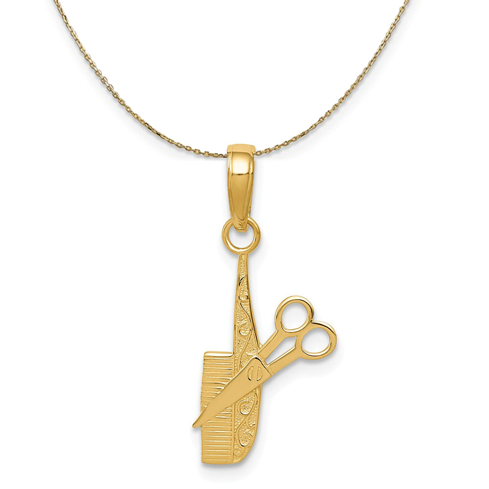 14k Yellow Gold Polished Comb and Scissors Necklace, Item N20443 by The Black Bow Jewelry Co.