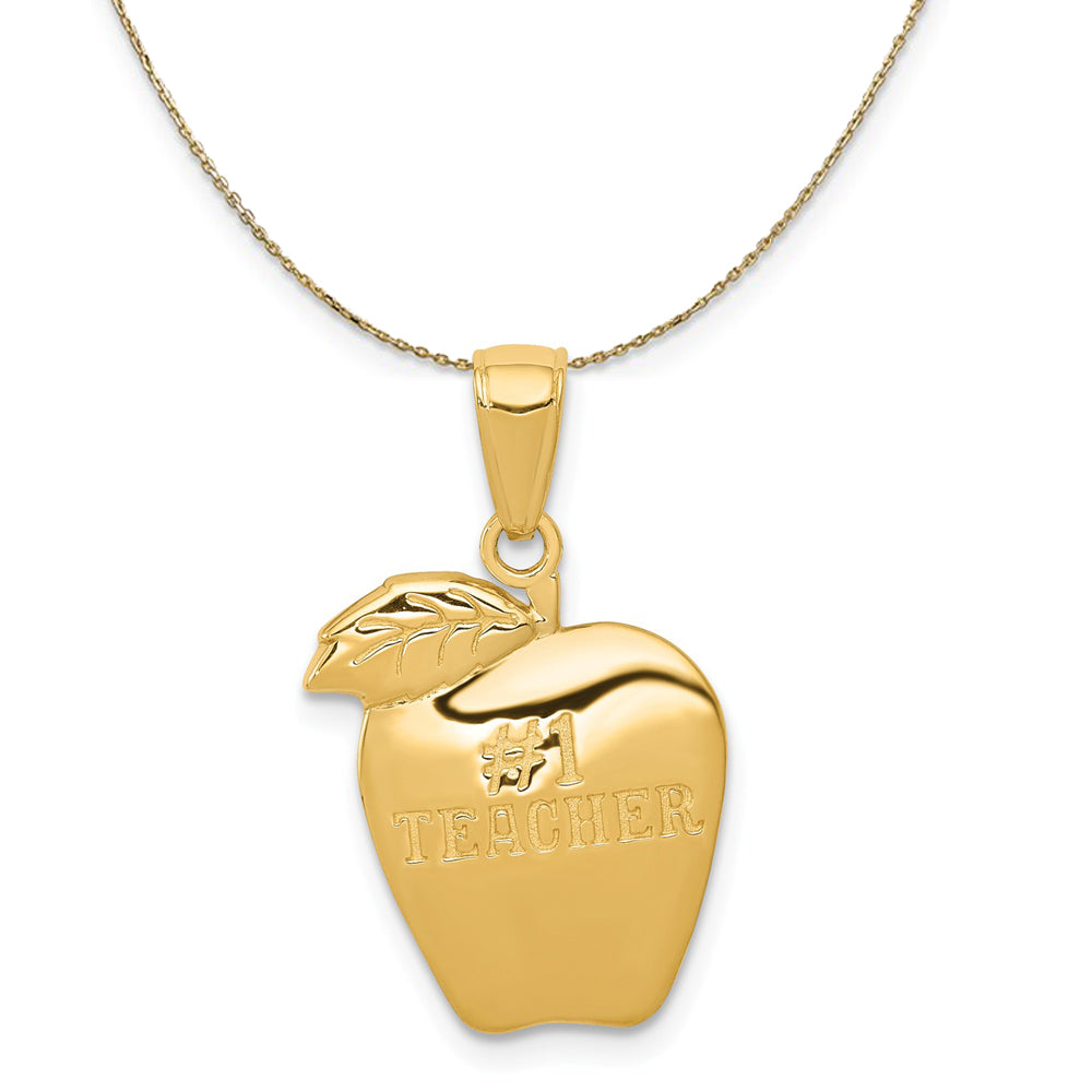14k Yellow Gold Polished #1 Teacher Apple Necklace, Item N20458 by The Black Bow Jewelry Co.