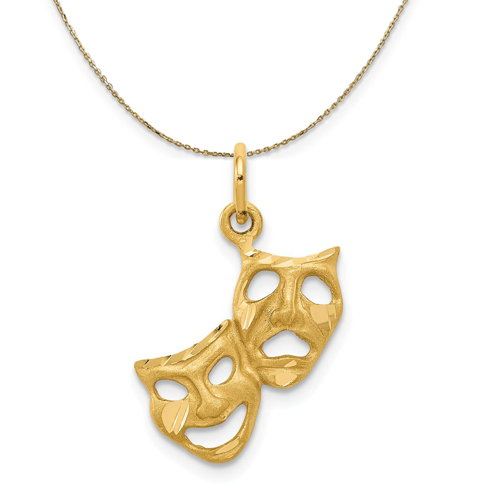 14k Yellow Gold Diamond Cut Comedy and Tragedy Mask Necklace, Item N20526 by The Black Bow Jewelry Co.