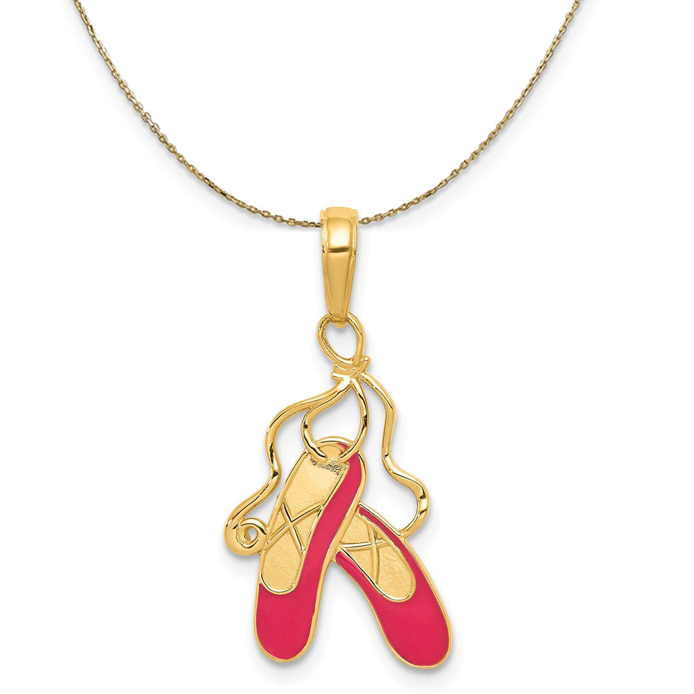 14k Yellow Gold and Enamel Pink Ballet Slippers Necklace, Item N20533 by The Black Bow Jewelry Co.