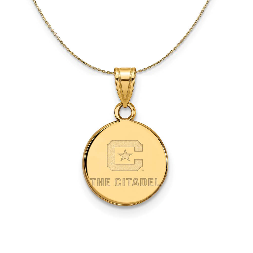 14K Yellow Gold The Citadel Small Logo Disc Necklace, Item N20654 by The Black Bow Jewelry Co.