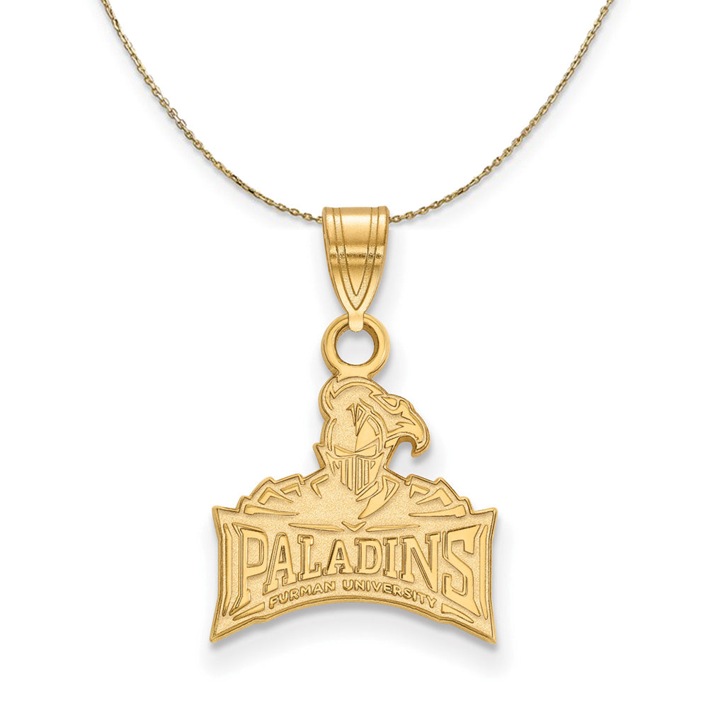 14k Yellow Gold Furman U Paladins Small Logo Necklace, Item N20760 by The Black Bow Jewelry Co.