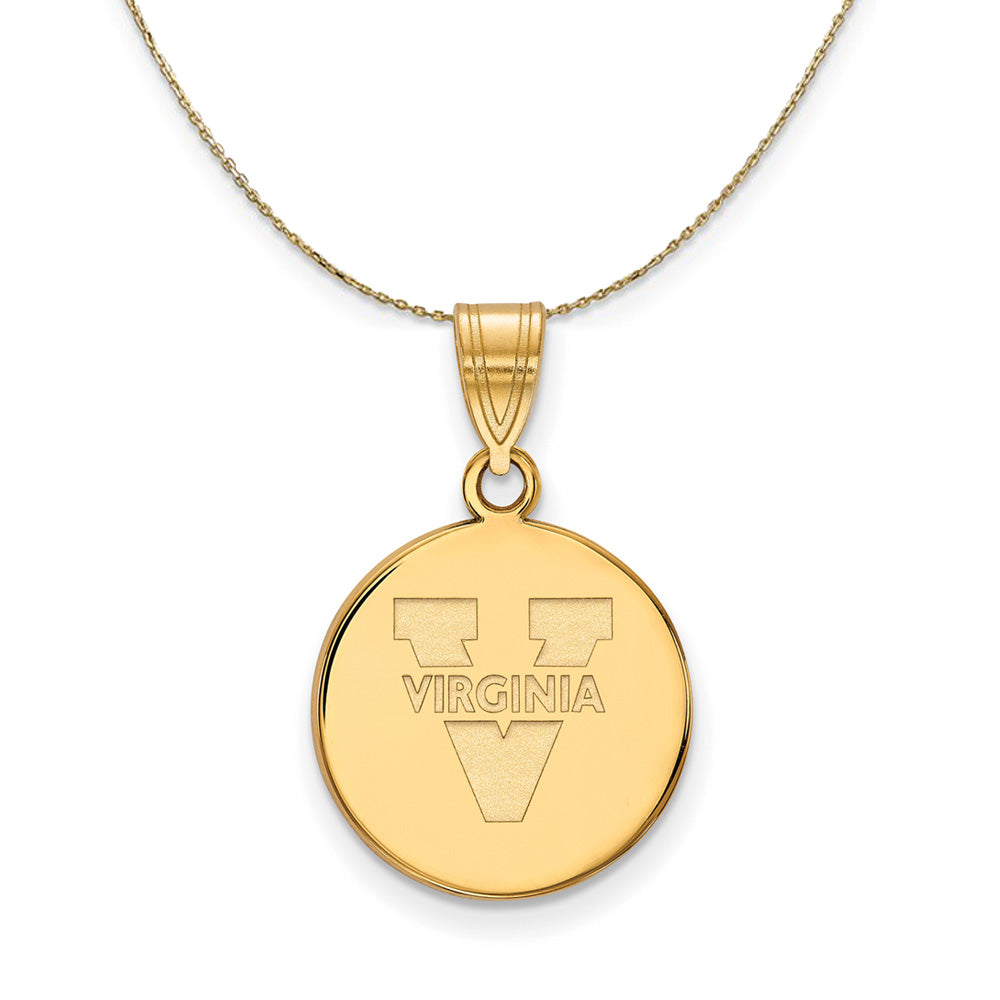 14k Yellow Gold U. of Virginia Medium 'V' Logo Disc Necklace, Item N20856 by The Black Bow Jewelry Co.