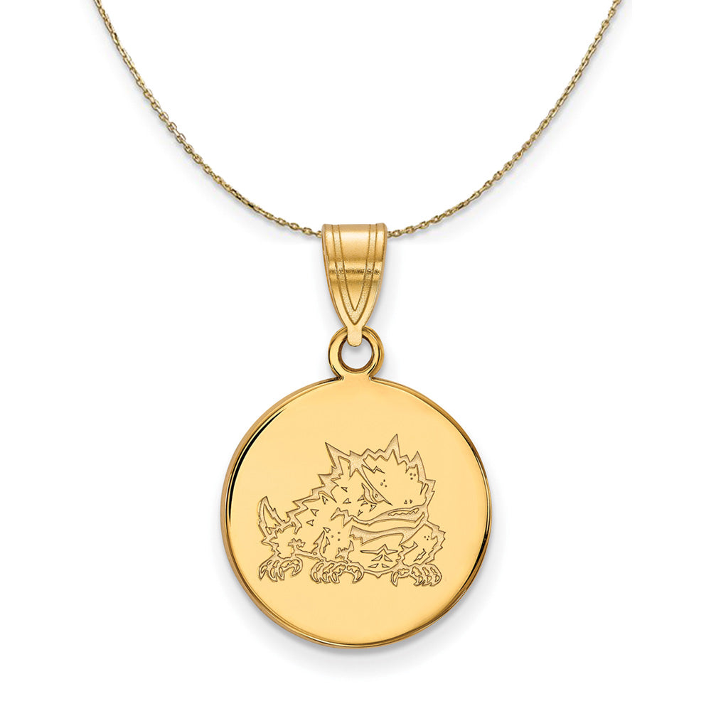 14k Yellow Gold Texas Christian U. Medium Disc Necklace, Item N20862 by The Black Bow Jewelry Co.