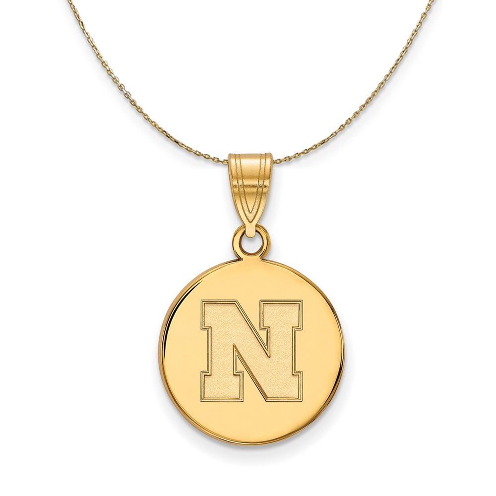 14k Yellow Gold U. of Nebraska Medium Initial N Disc Necklace, Item N21072 by The Black Bow Jewelry Co.