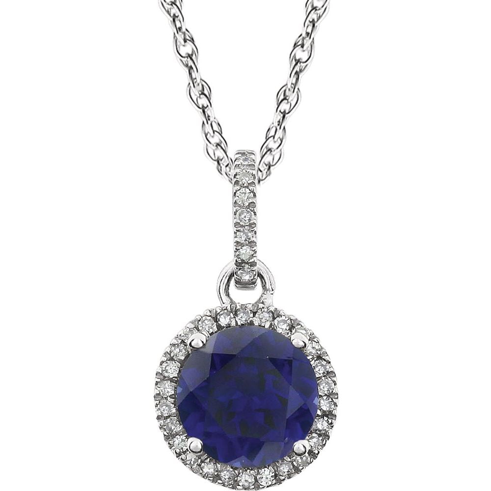 14k White Gold Lab Cr. Blue Sapphire &amp; 1/10ctw Diamond Necklace, 18 In, Item N21416-SA by The Black Bow Jewelry Co.