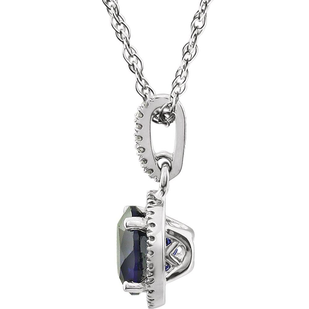 Alternate view of the 14k White Gold Lab Cr. Blue Sapphire &amp; 1/10ctw Diamond Necklace, 18 In by The Black Bow Jewelry Co.