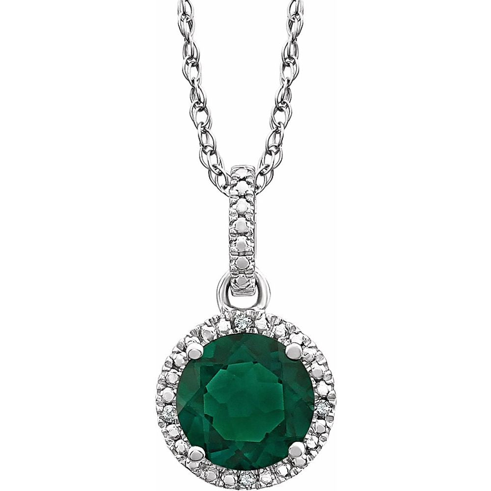 Rh Sterling Silver, Lab Created Emerald, .01CTW Diamond Necklace, 18in, Item N21422-EM by The Black Bow Jewelry Co.