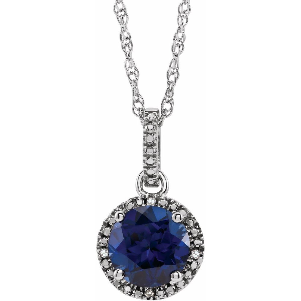 Rh Sterling Silver, Created Blue Sapphire &amp; Diamond Necklace, 18 Inch, Item N21422-SA by The Black Bow Jewelry Co.