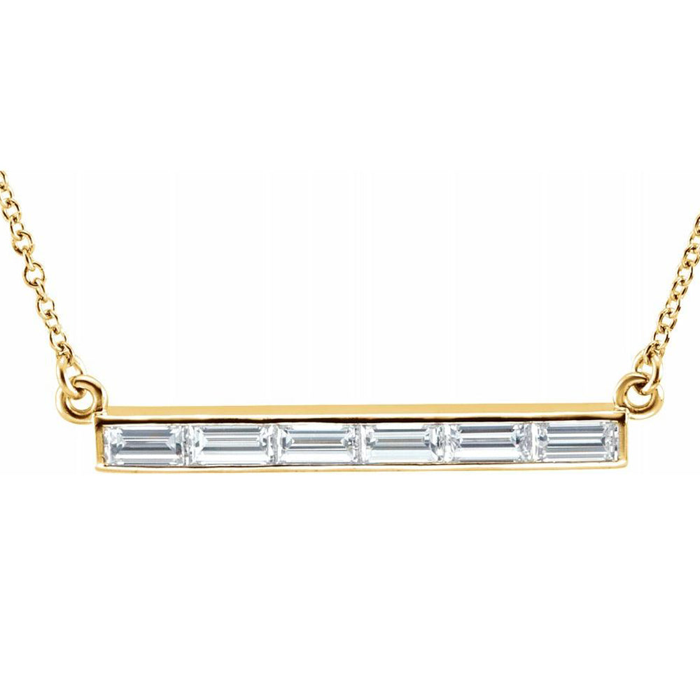 Alternate view of the 14k Yellow Gold & Diamond 4 or 6 Stone Baguette Bar Necklace, 17 Inch by The Black Bow Jewelry Co.