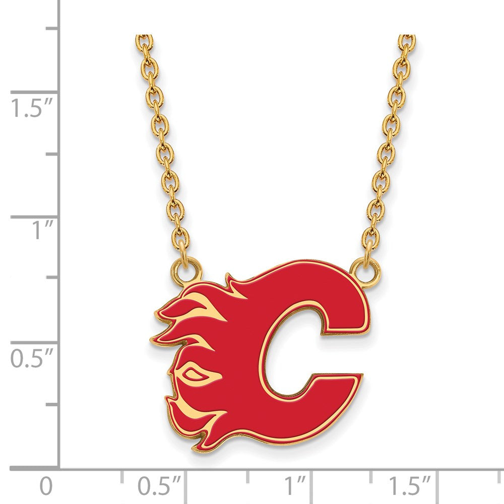 Alternate view of the SS 14k Yellow Gold Plated NHL CaLGary Flames LG Enamel Necklace, 18 In by The Black Bow Jewelry Co.