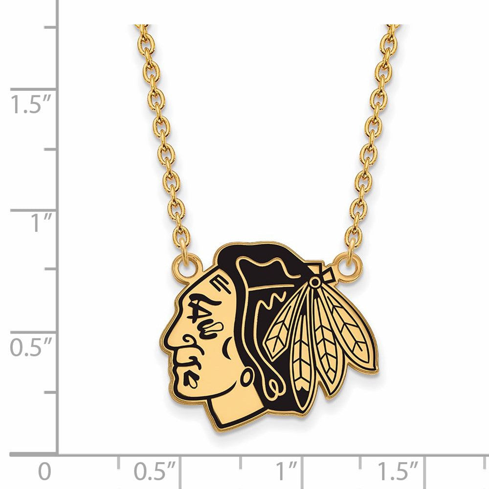Alternate view of the SS 14k Yellow Gold Plated NHL Blackhawks LG Enamel Necklace, 18 Inch by The Black Bow Jewelry Co.