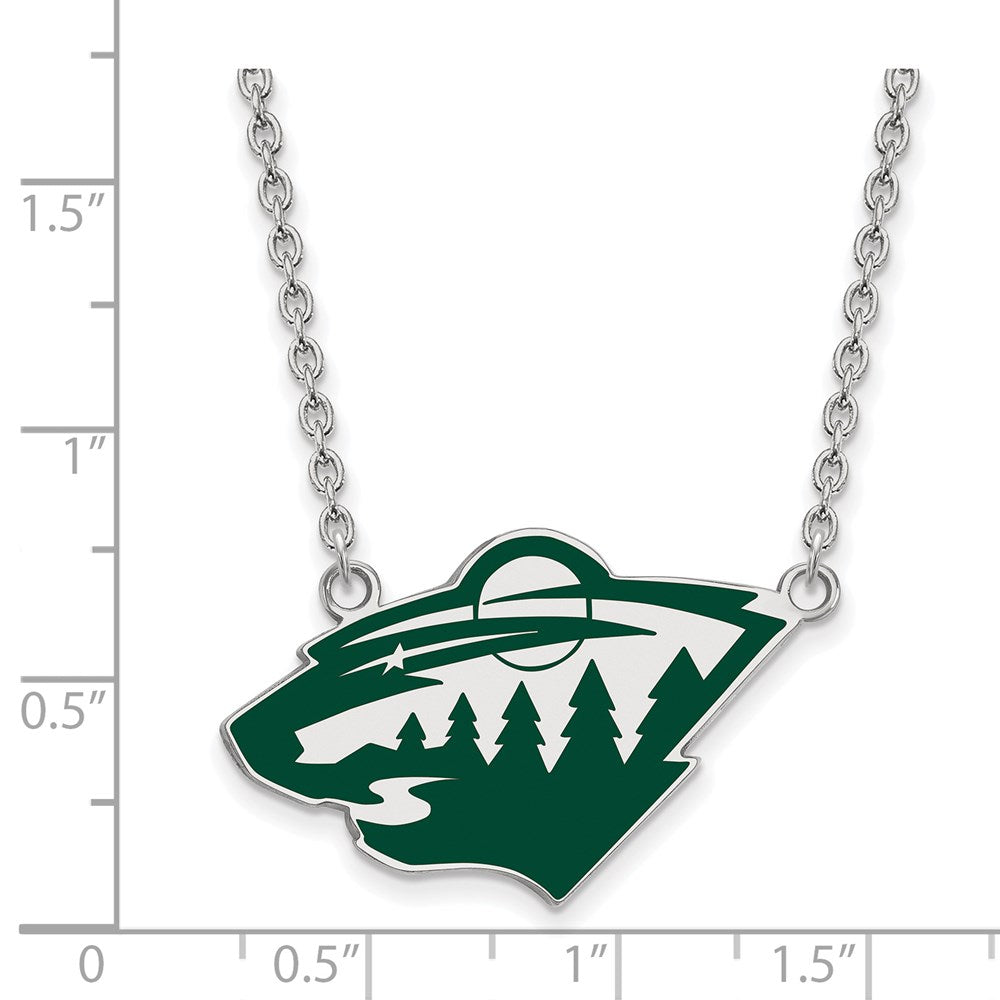 Alternate view of the Sterling Silver NHL Minnesota Wild Large Enamel Necklace, 18 In by The Black Bow Jewelry Co.