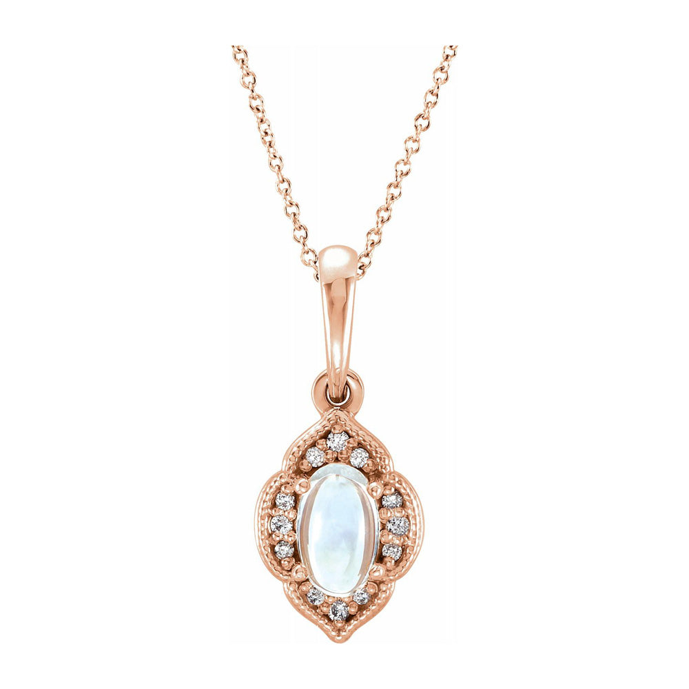 14K White or Rose Gold Rainbow Moonstone & Diamond Necklace, 16-18 In, Item N22803 by The Black Bow Jewelry Co.