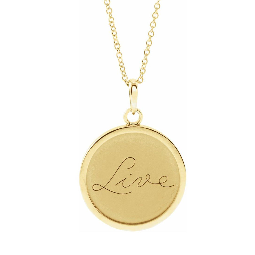 Alternate view of the 14K Yellow Gold Hope, Love or Live Engraved Disc Necklace, 16-18 Inch by The Black Bow Jewelry Co.