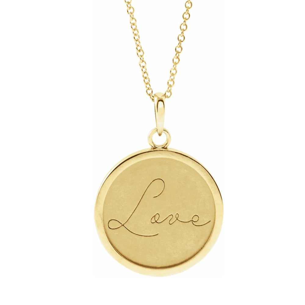 14K Yellow Gold Love Engraved Disc Necklace, 16-18 Inch, Item N22818-LV by The Black Bow Jewelry Co.