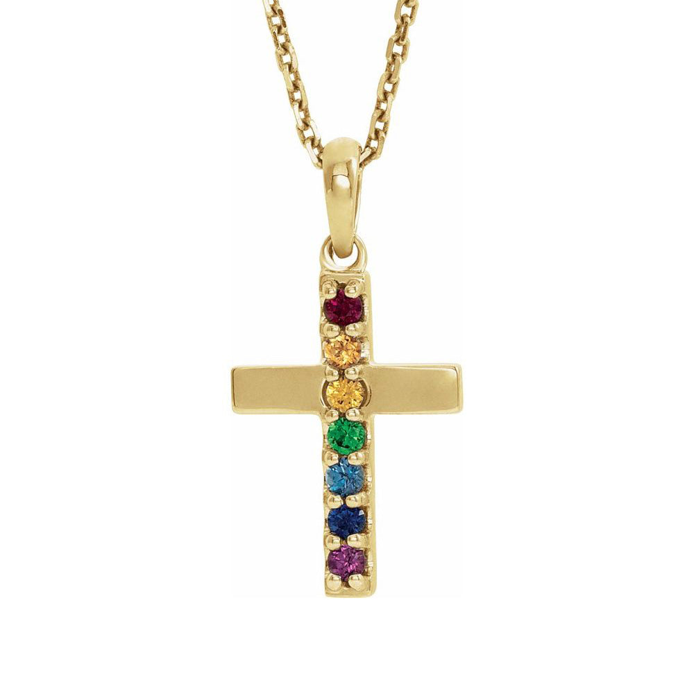 Alternate view of the 14K Yellow or White Gold Multi-Gemstone Petite Cross Necklace, 16-18in by The Black Bow Jewelry Co.