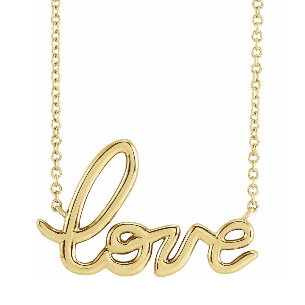 14K Yellow Gold Petite Love Script Necklace, 16 or 18 Inch, Item N22830 by The Black Bow Jewelry Co.