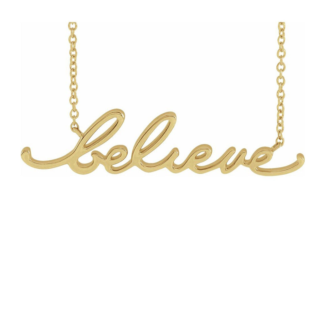 14K Yellow Gold Petite Believe Script Necklace, 16 or 18 Inch, Item N22832 by The Black Bow Jewelry Co.