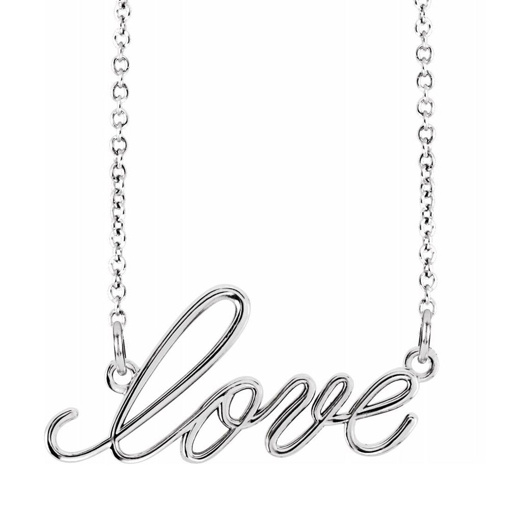 Alternate view of the 14K Yellow, White or Rose Gold Small Love Script Necklace, 16 Inch by The Black Bow Jewelry Co.