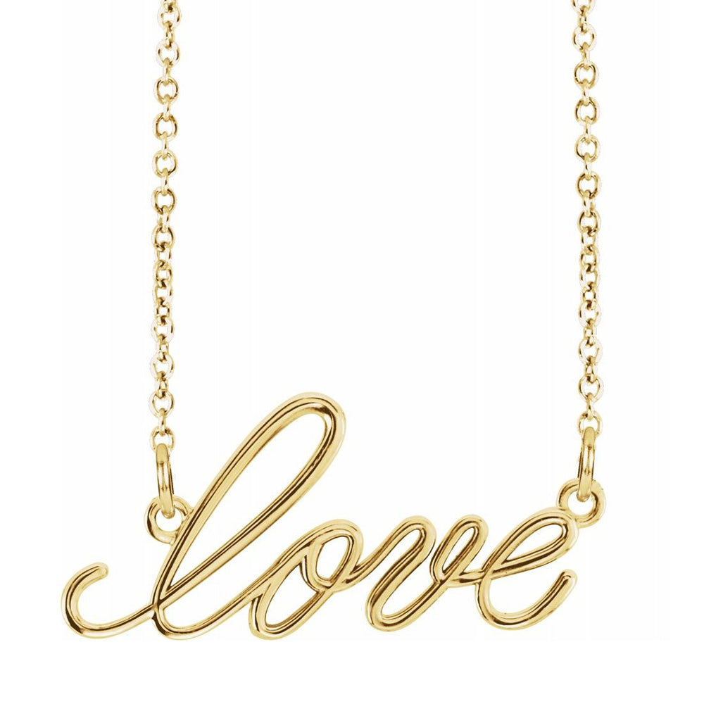 Alternate view of the 14K Yellow, White or Rose Gold Small Love Script Necklace, 16 Inch by The Black Bow Jewelry Co.