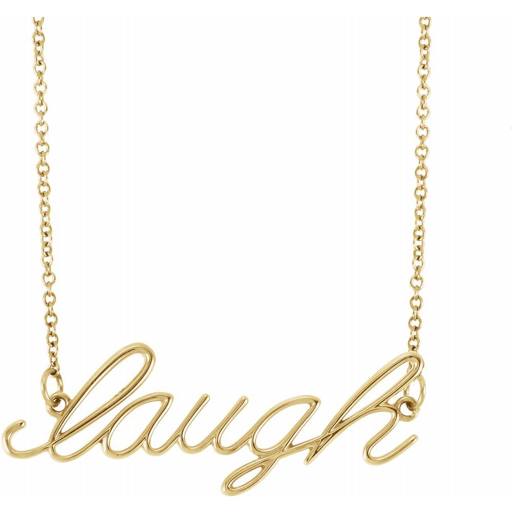 Alternate view of the 14K Yellow, White or Rose Gold Petite Laugh Script Necklace, 16 Inch by The Black Bow Jewelry Co.