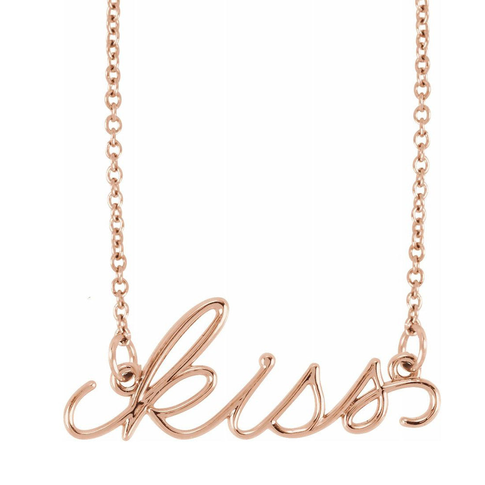 14K Yellow, White or Rose Gold Petite Kiss Script Necklace, 16 Inch, Item N22836 by The Black Bow Jewelry Co.