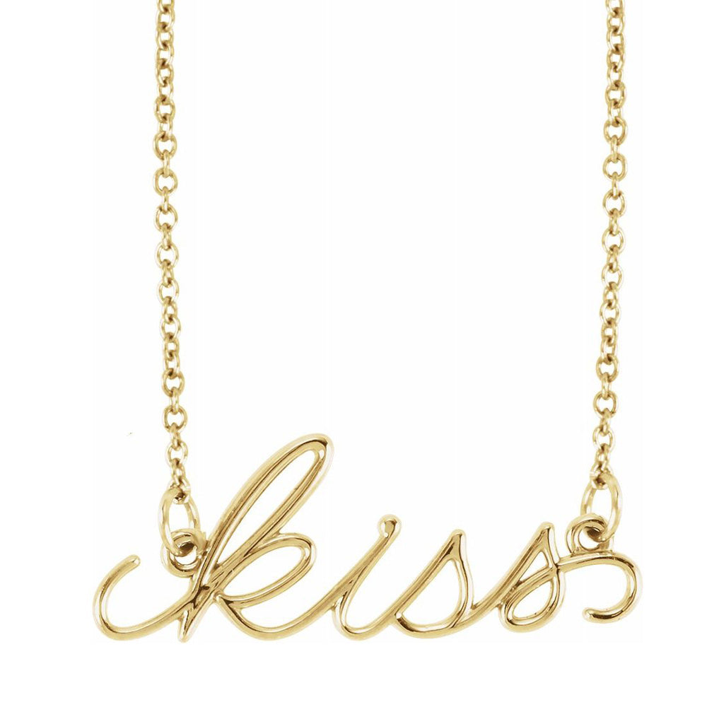 Alternate view of the 14K Yellow, White or Rose Gold Petite Kiss Script Necklace, 16 Inch by The Black Bow Jewelry Co.