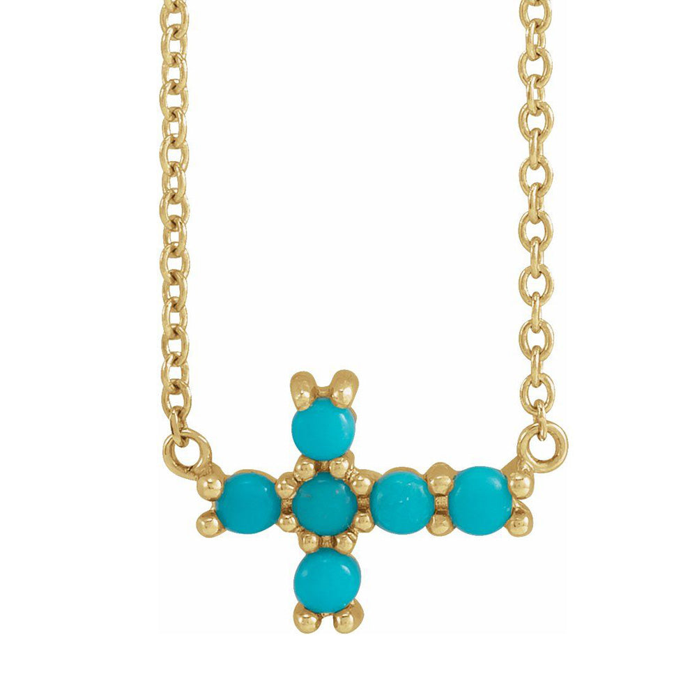 Alternate view of the 14K Yellow, White or Rose Gold Turquoise Petite Cross Necklace, 18 In by The Black Bow Jewelry Co.
