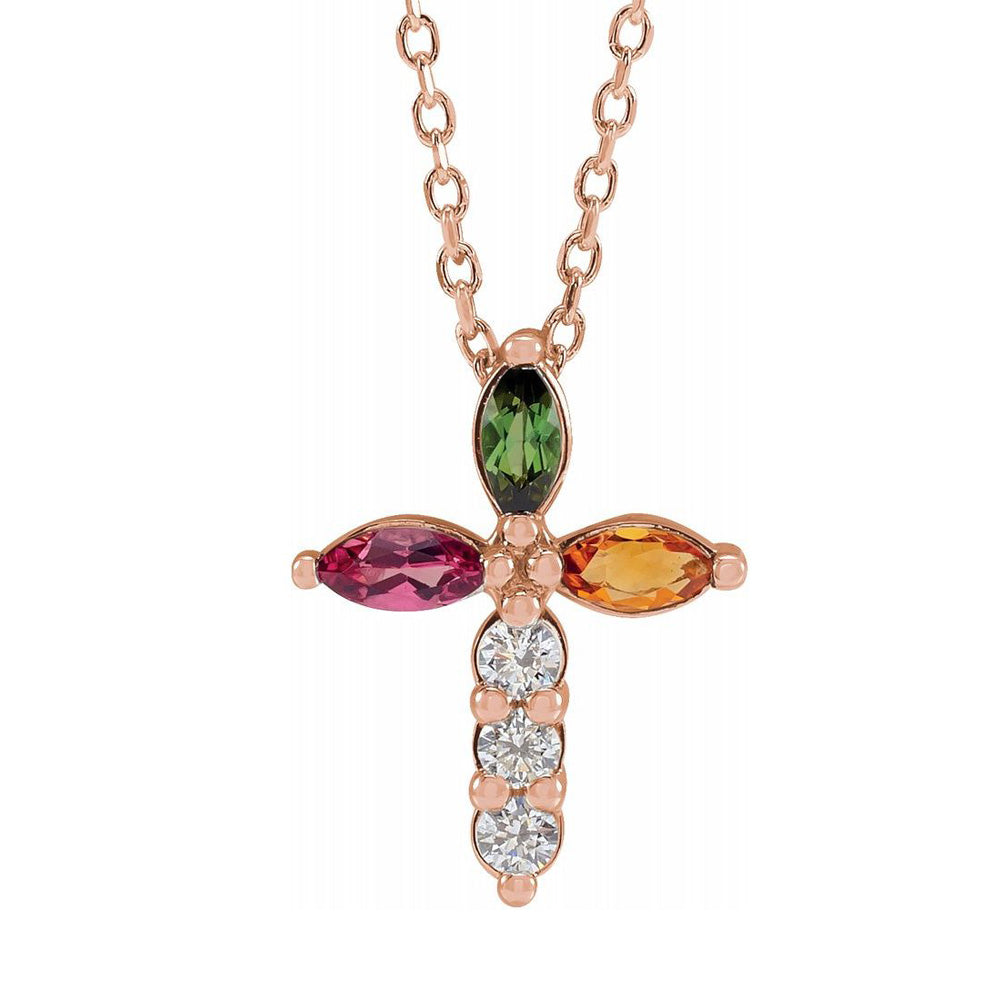 14K Gold Multi-Gemstone & 1/10 CTW Diamond Cross Necklace, 16-18 Inch, Item N22852 by The Black Bow Jewelry Co.