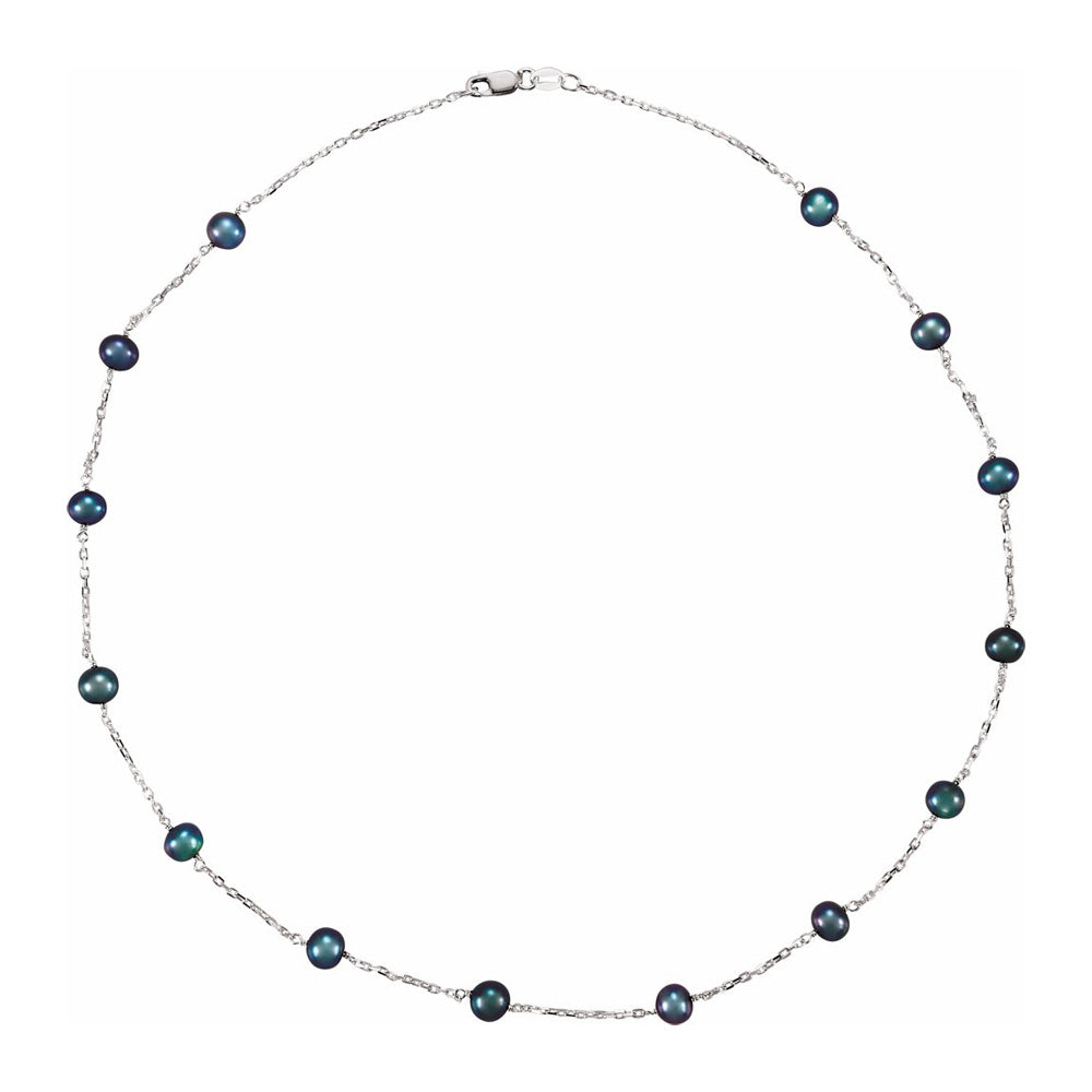 6mm Sterling Silver FW Black Cultured Pearl Station Necklace, 18 Inch, Item N22863 by The Black Bow Jewelry Co.