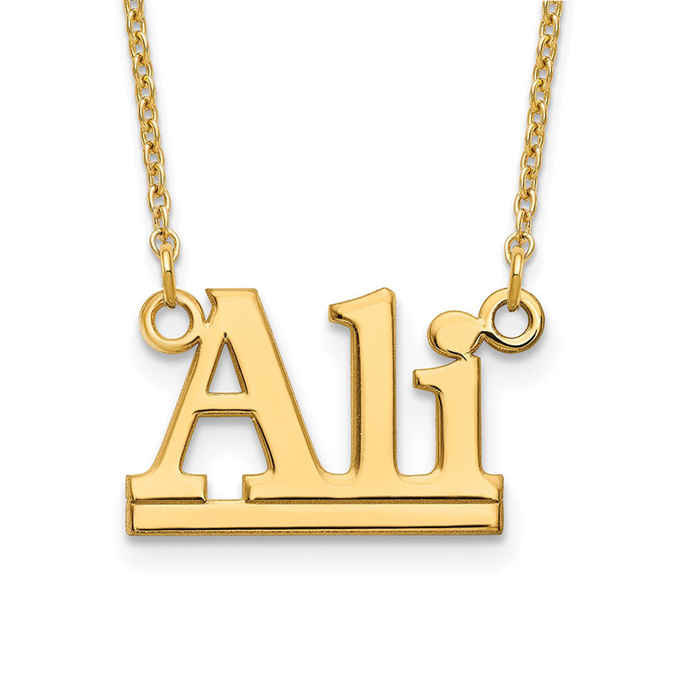 Alternate view of the 14K Yellow Gold Plated Silver Polished Block Name Necklace, 16 in by The Black Bow Jewelry Co.