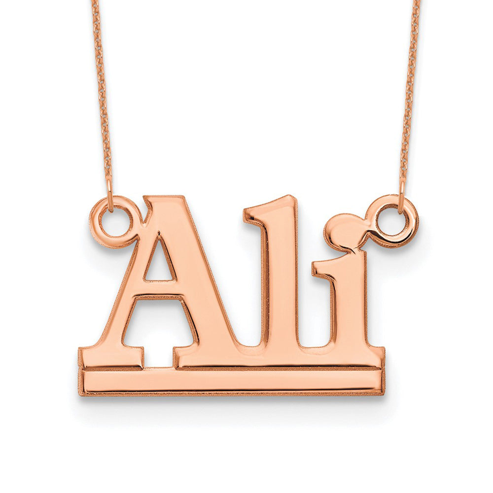 Alternate view of the 14K Rose Gold Plated Silver Polished Block Name Necklace, 16 in by The Black Bow Jewelry Co.