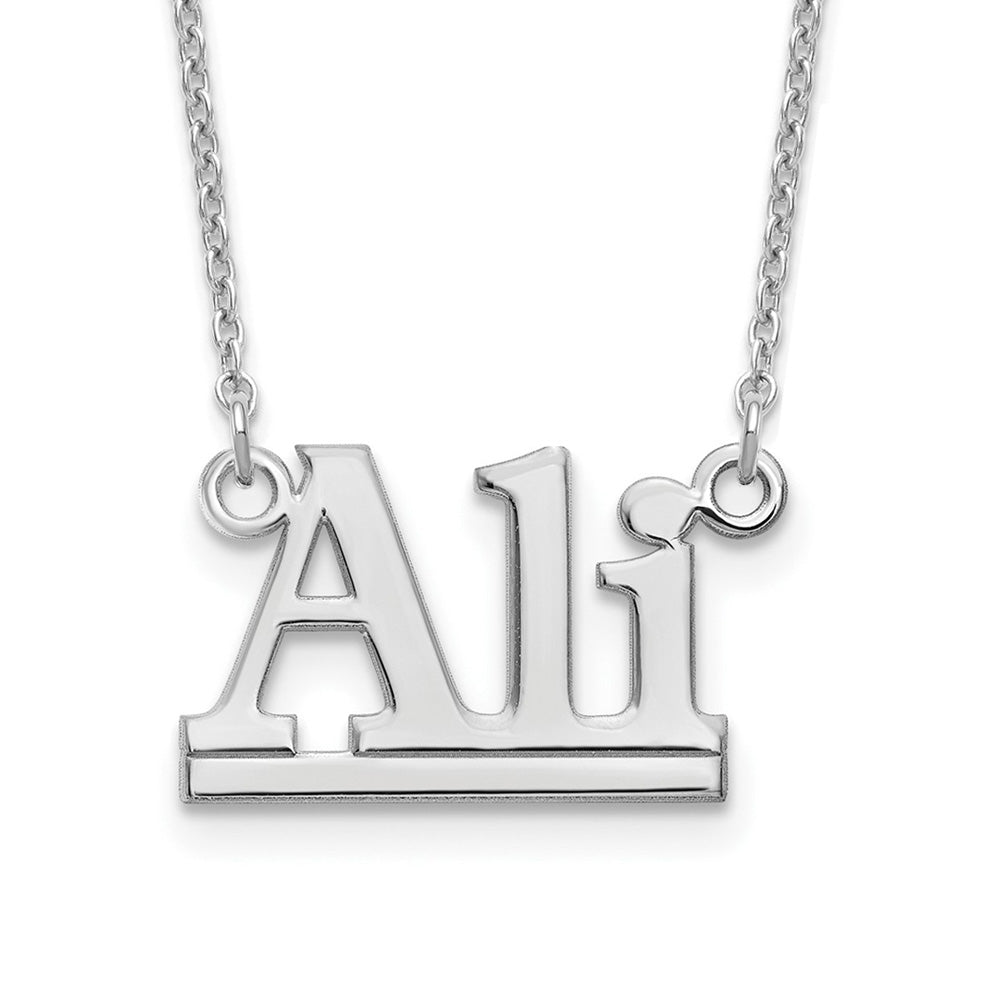 Alternate view of the Rhodium Plated Sterling Silver Polished Block Name Necklace, 16 in by The Black Bow Jewelry Co.