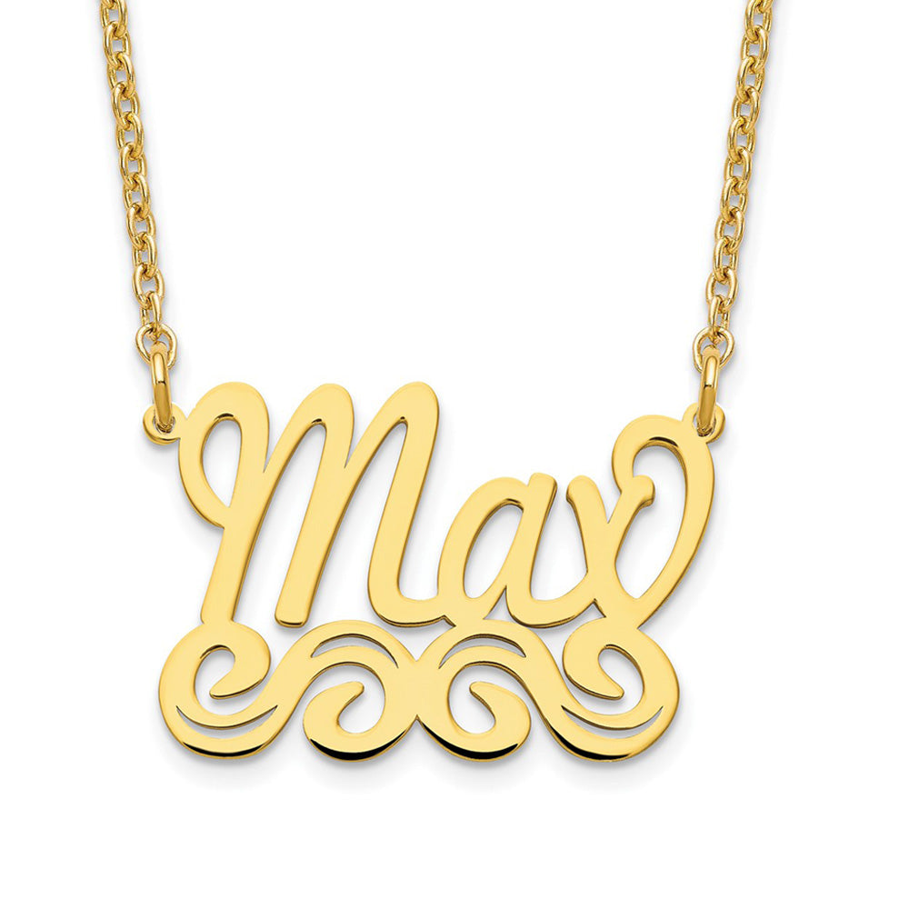 Alternate view of the 10K Yellow Gold Polished Medium Scroll Name Necklace, 16 in by The Black Bow Jewelry Co.