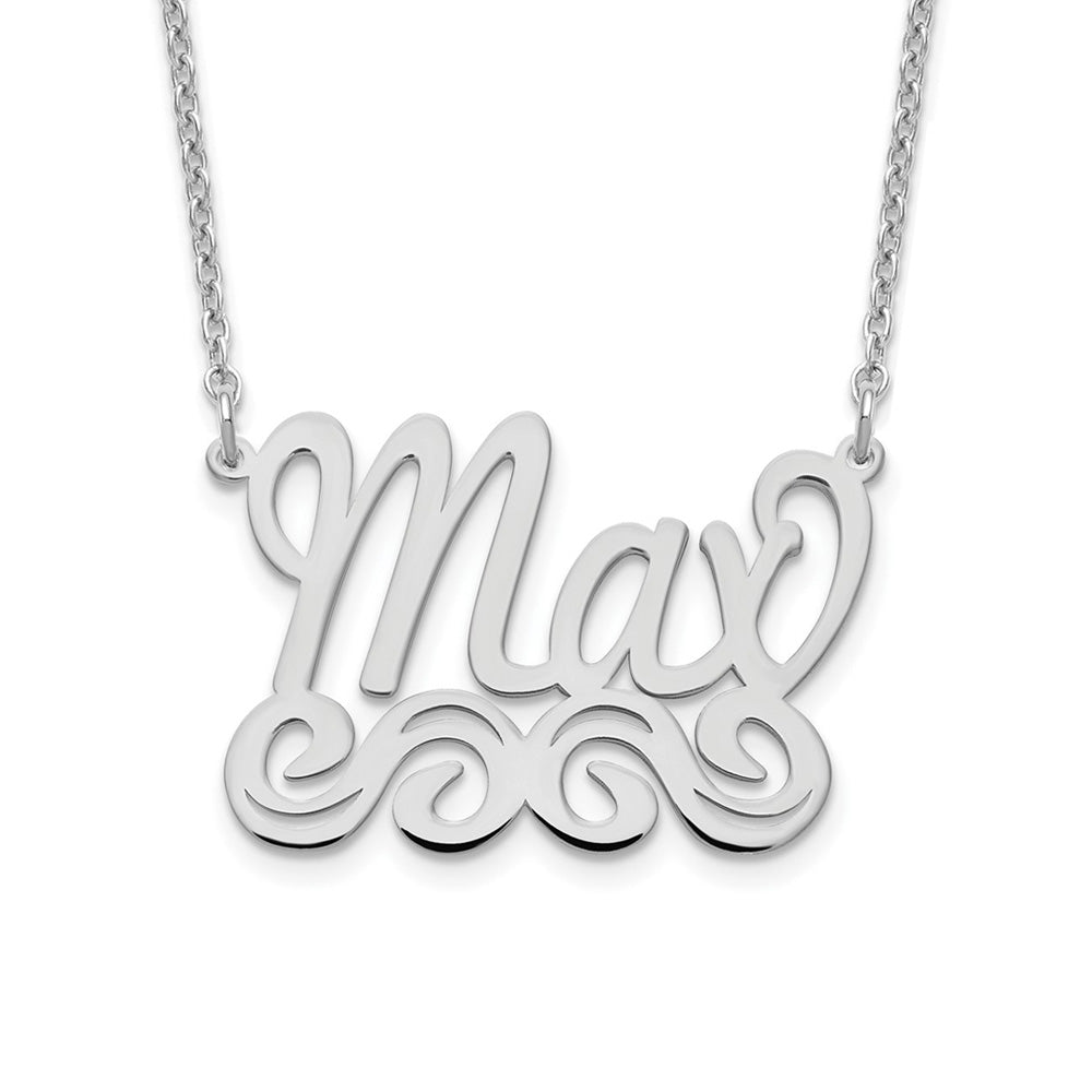 Alternate view of the 14K White Gold Polished Medium Scroll Name Necklace, 16 in by The Black Bow Jewelry Co.