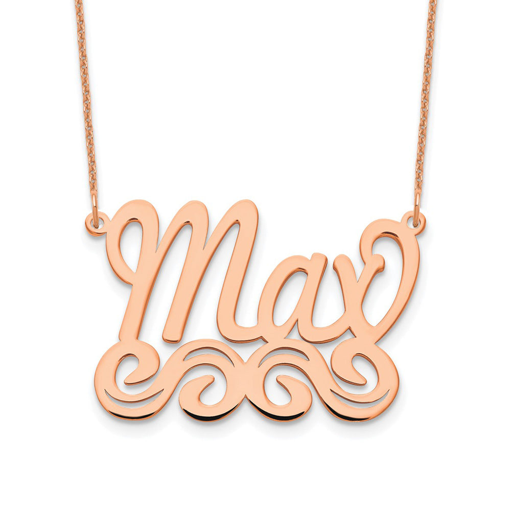 Alternate view of the 14K Rose Gold Plated Sterling Silver MD Scroll Name Necklace, 16 in by The Black Bow Jewelry Co.