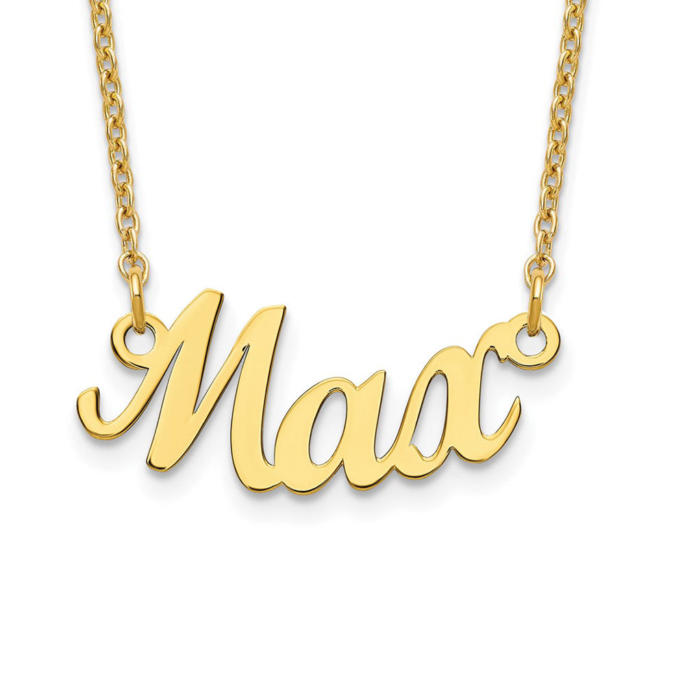 Alternate view of the 10K Yellow Gold Polished Small Curved Name Necklace, 18 in by The Black Bow Jewelry Co.