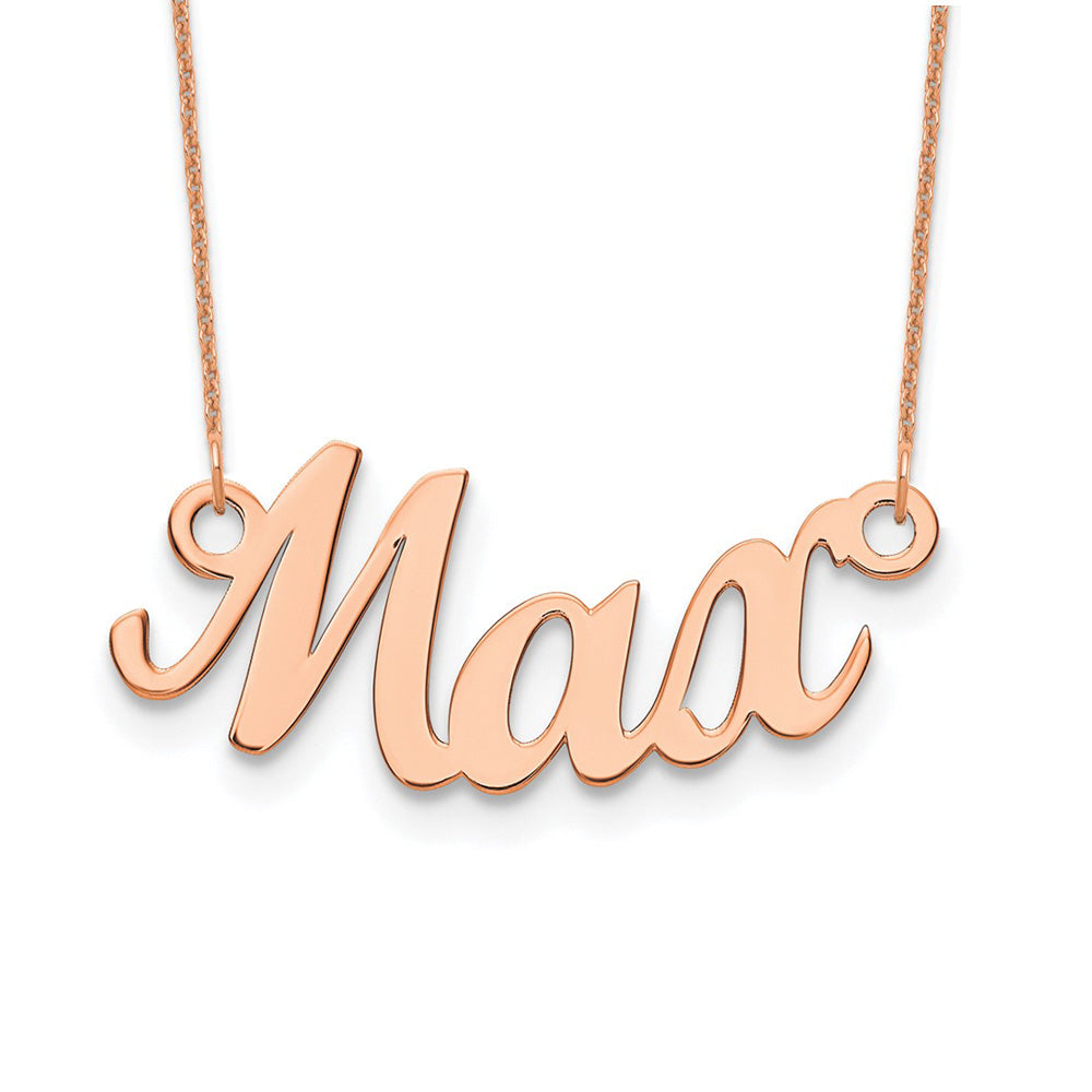 Alternate view of the 14K Rose Gold Plated Sterling Silver Small Curved Name Necklace, 16 in by The Black Bow Jewelry Co.