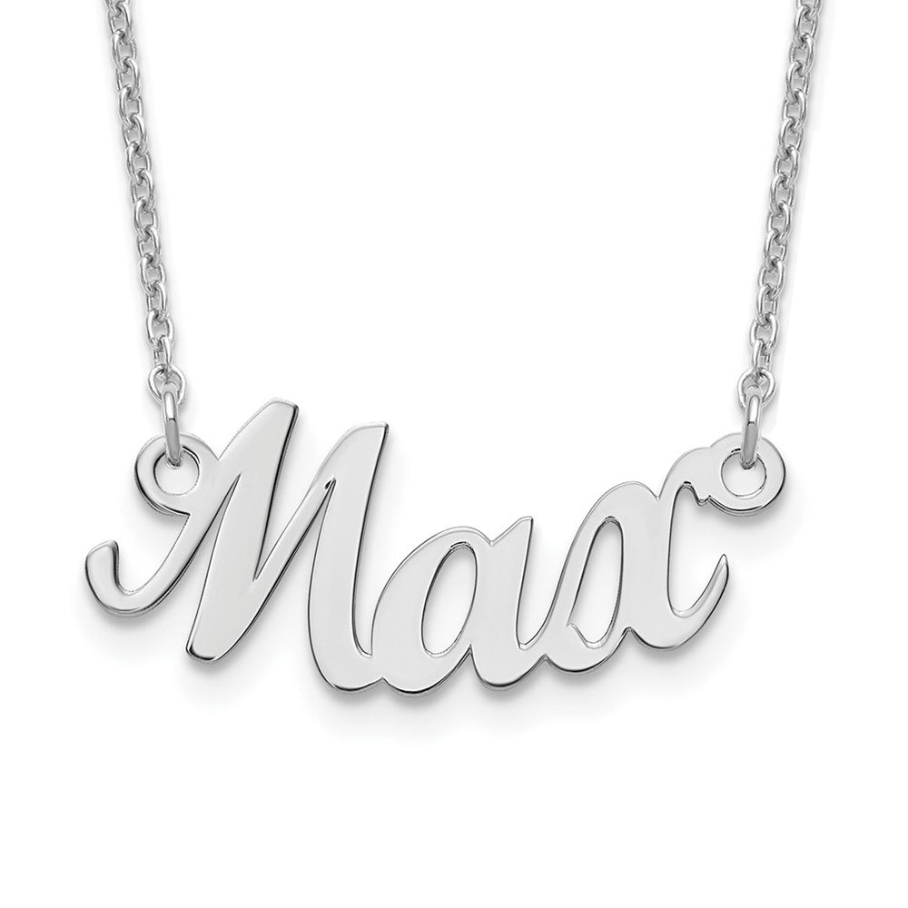 Alternate view of the Rhodium Plated Sterling Silver Small Curved Name Necklace, 16 in by The Black Bow Jewelry Co.