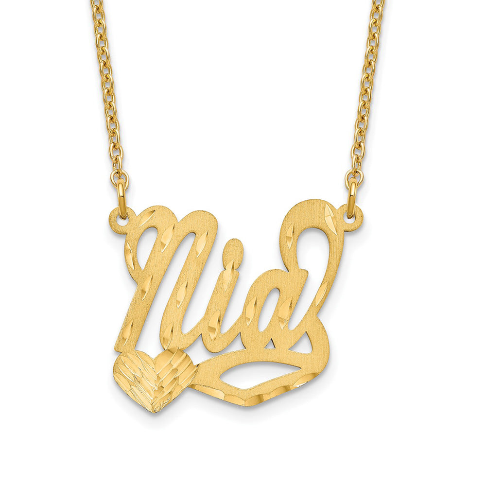 Alternate view of the 14K Yellow Gold Plated Silver Satin D/C LG Heart Name Necklace, 16 in by The Black Bow Jewelry Co.