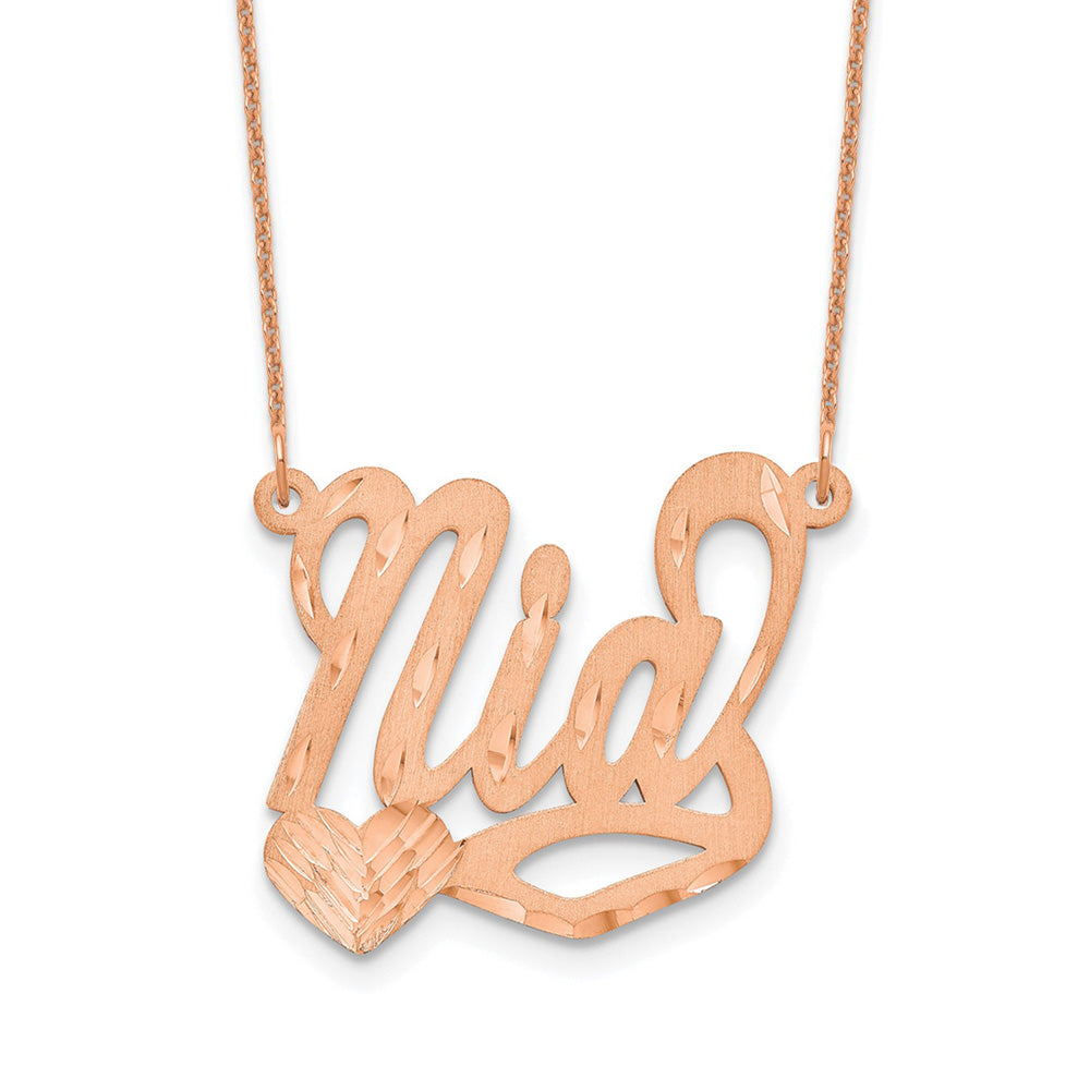 Alternate view of the 14K Rose Gold Plated Silver Satin D/C LG Heart Name Necklace, 16 in by The Black Bow Jewelry Co.