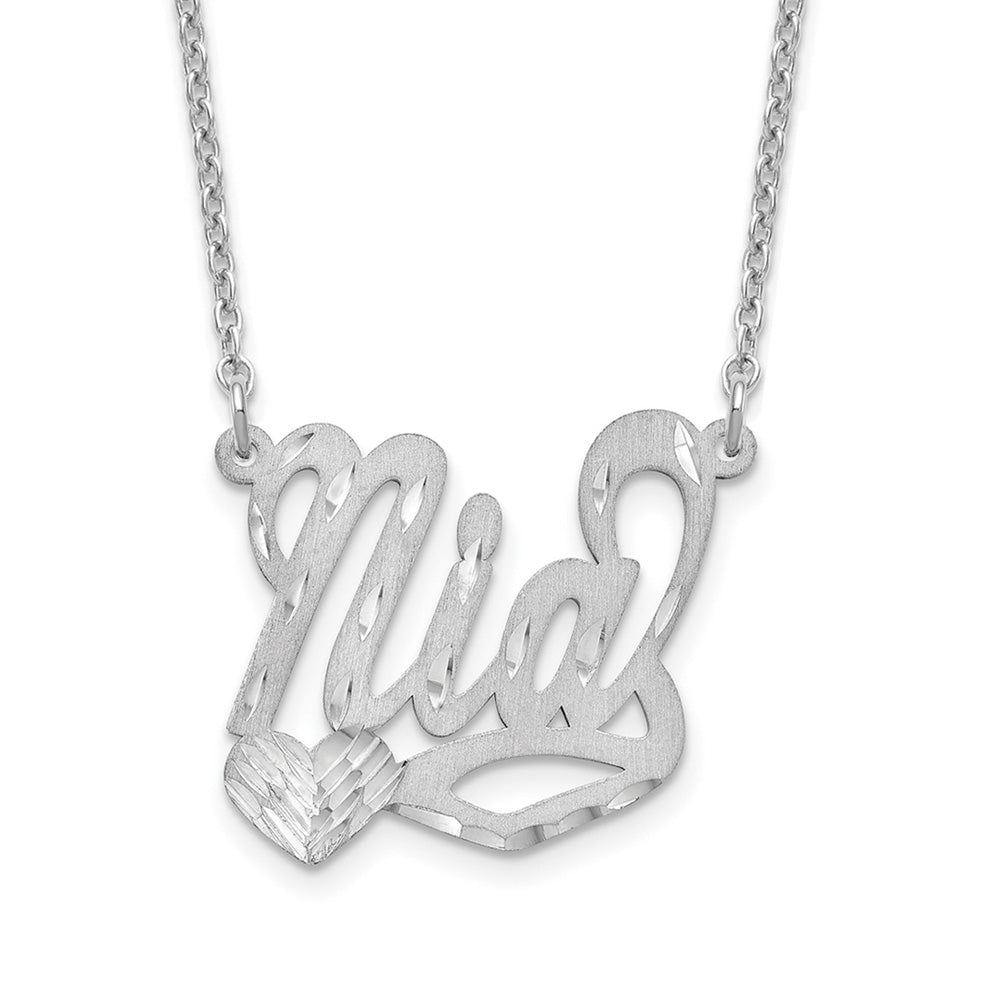 Alternate view of the Rhodium Plated Sterling Silver Satin D/C LG Heart Name Necklace, 16 in by The Black Bow Jewelry Co.