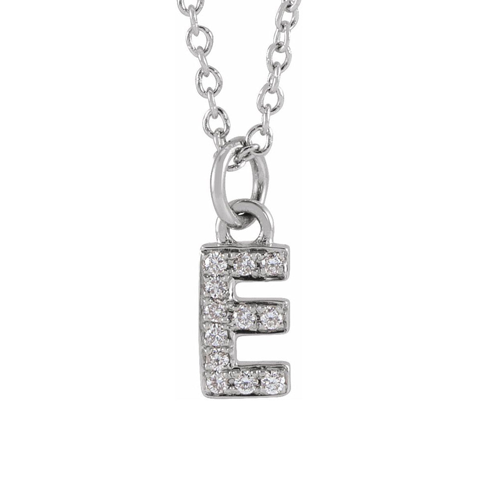 14K White Gold .04 CTW Diamond Tiny Initial E Necklace, 16-18 Inch, Item N22910-E by The Black Bow Jewelry Co.