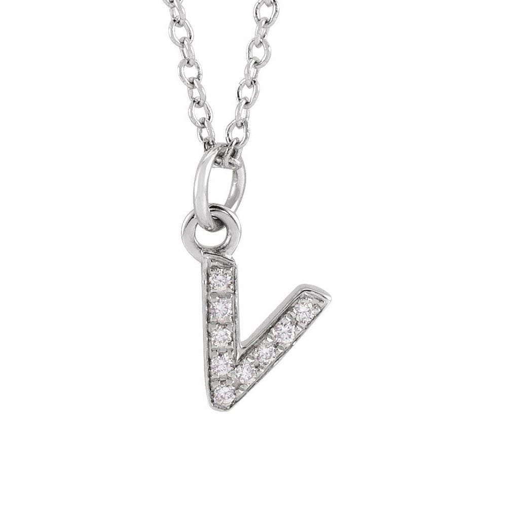 14K White Gold .03 CTW Diamond Tiny Initial V Necklace, 16-18 Inch, Item N22910-V by The Black Bow Jewelry Co.