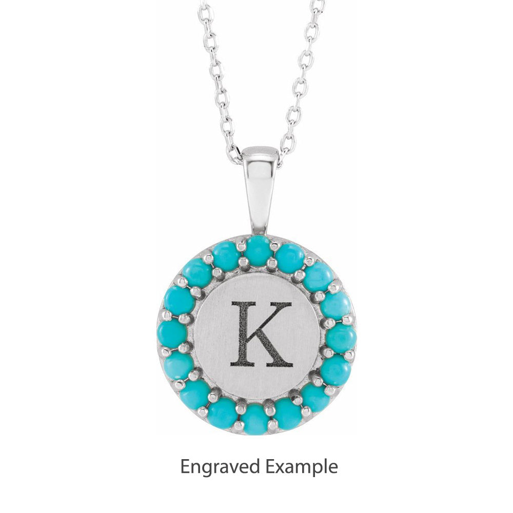 Alternate view of the 14K Yellow or White Gold Turquoise Halo Style Disc Necklace, 16-18 In by The Black Bow Jewelry Co.