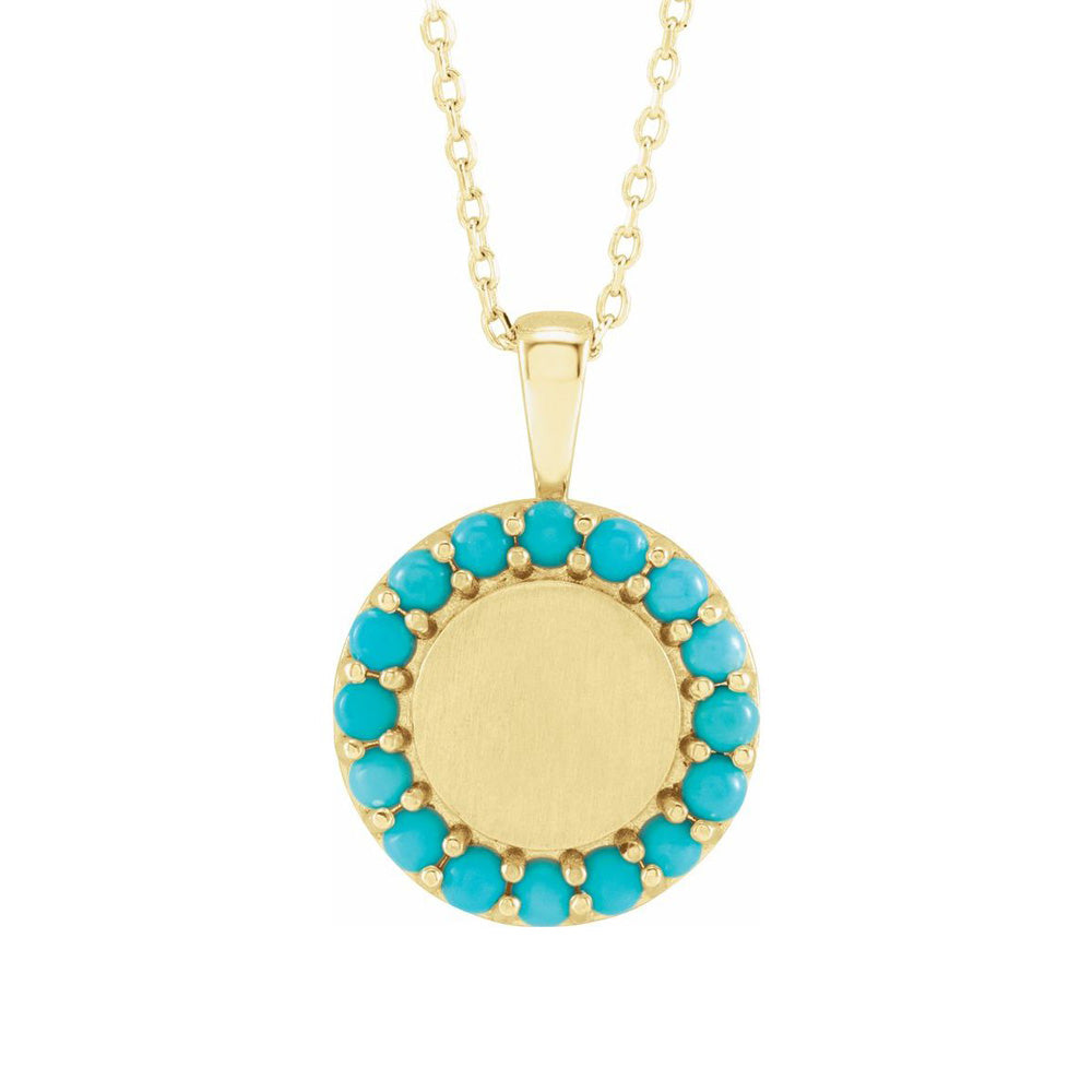 Alternate view of the 14K Yellow or White Gold Turquoise Halo Style Disc Necklace, 16-18 In by The Black Bow Jewelry Co.